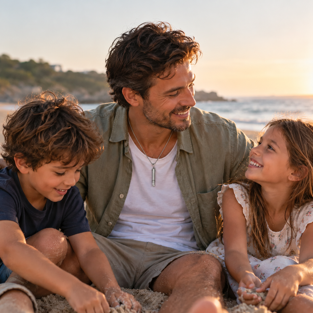 Family laughing together on the beach at sunset
