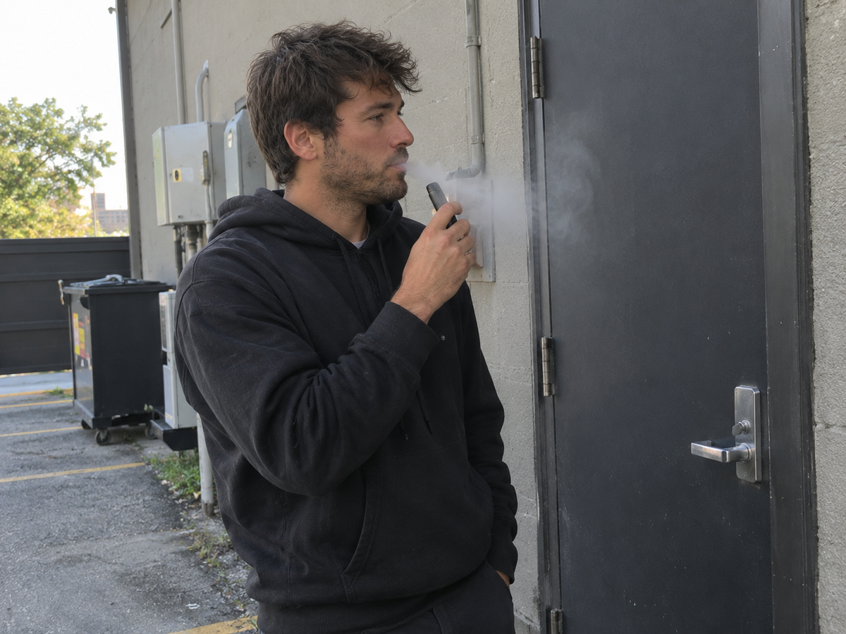 A person taking a quiet pause by the office back door, eyes closed, mid slow exhale