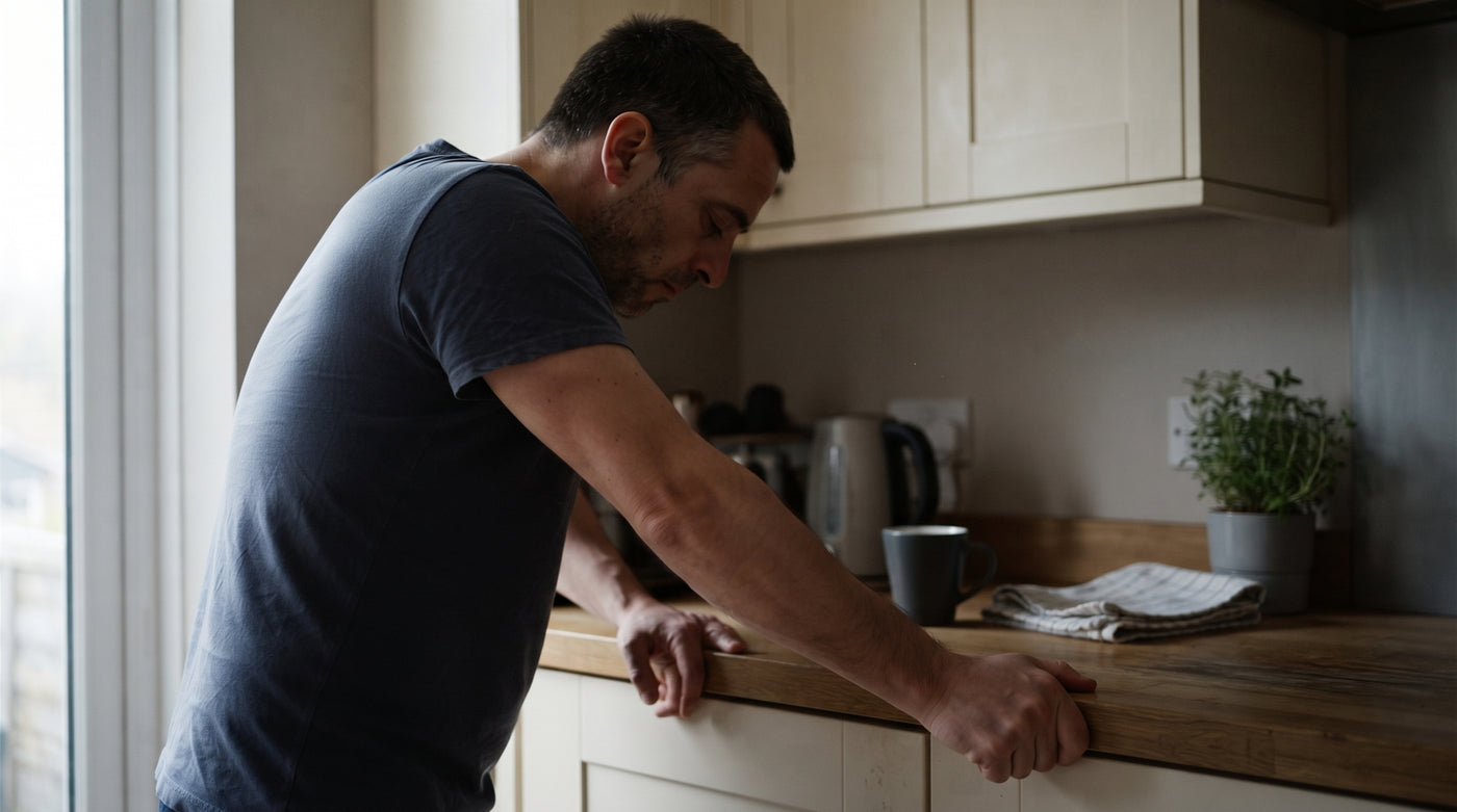 A man gripping the kitchen counter edge, riding out a craving on willpower alone