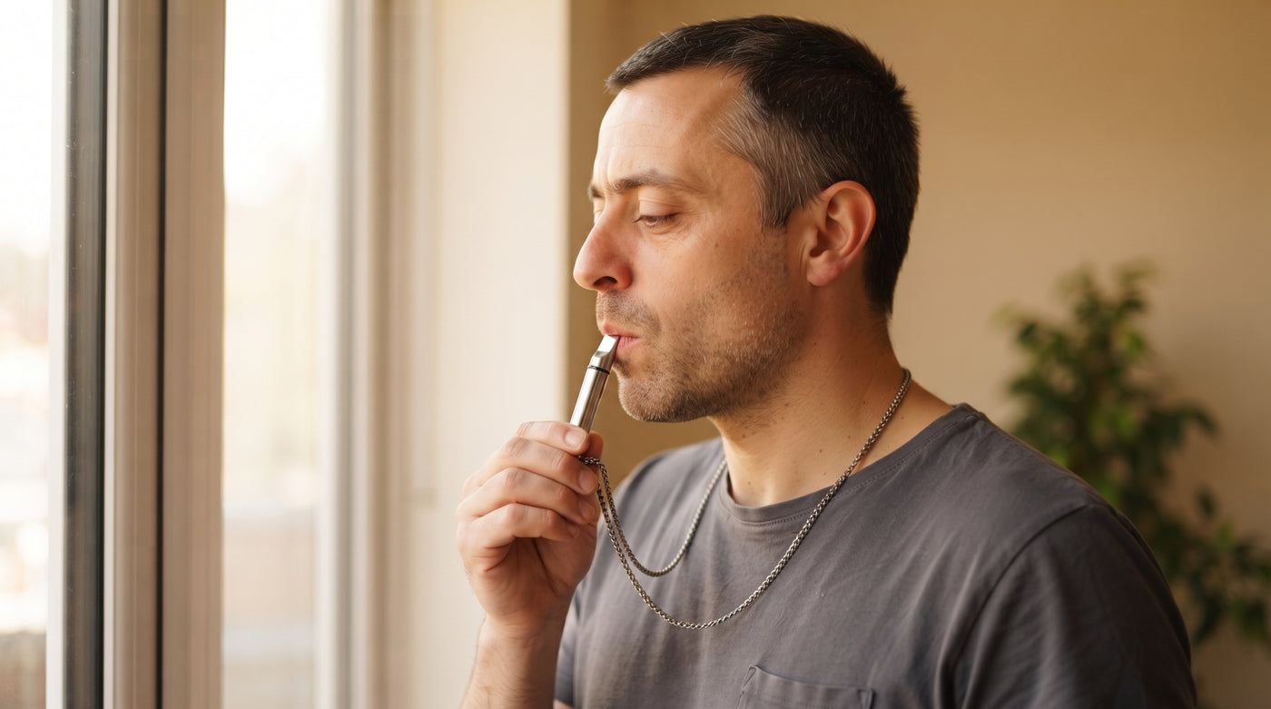 A man breathing calmly through the BreatheFree necklace, held upright to his lips — the calm the vape was taking credit for