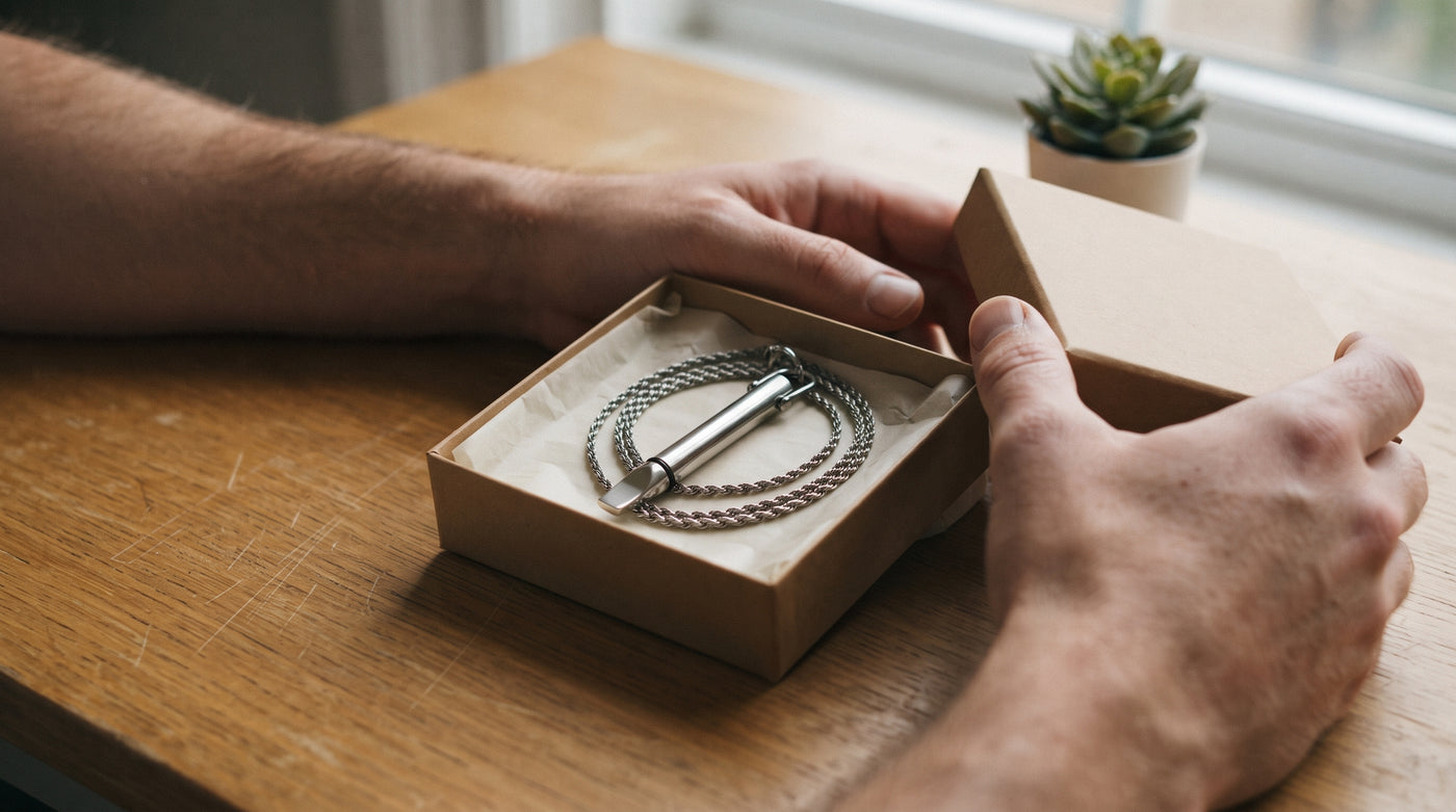 Hands opening the small BreatheFree box with the Resistance Necklace inside