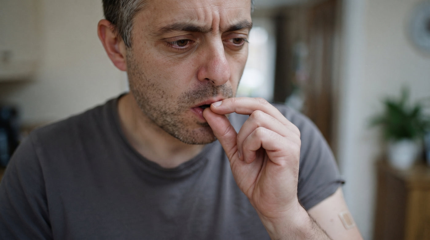 An empty hand raised to the lips in the shape of holding a vape — the unmet hand-to-mouth loop