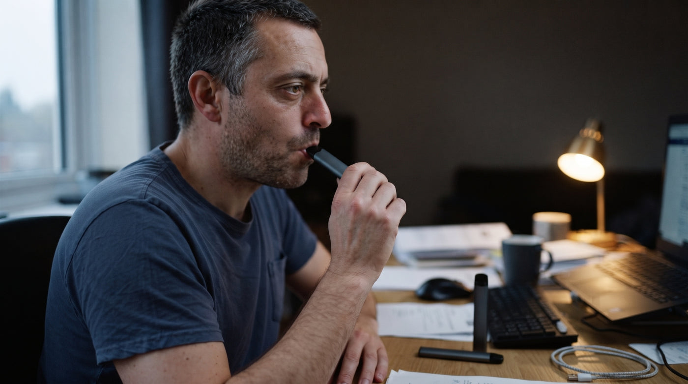 A man at his desk lifting a disposable vape to his mouth on autopilot, mid-work