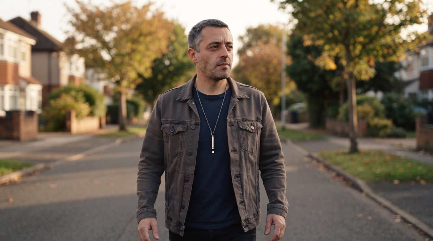 The same man walking outside with empty hands and an empty pocket, the necklace at his collar