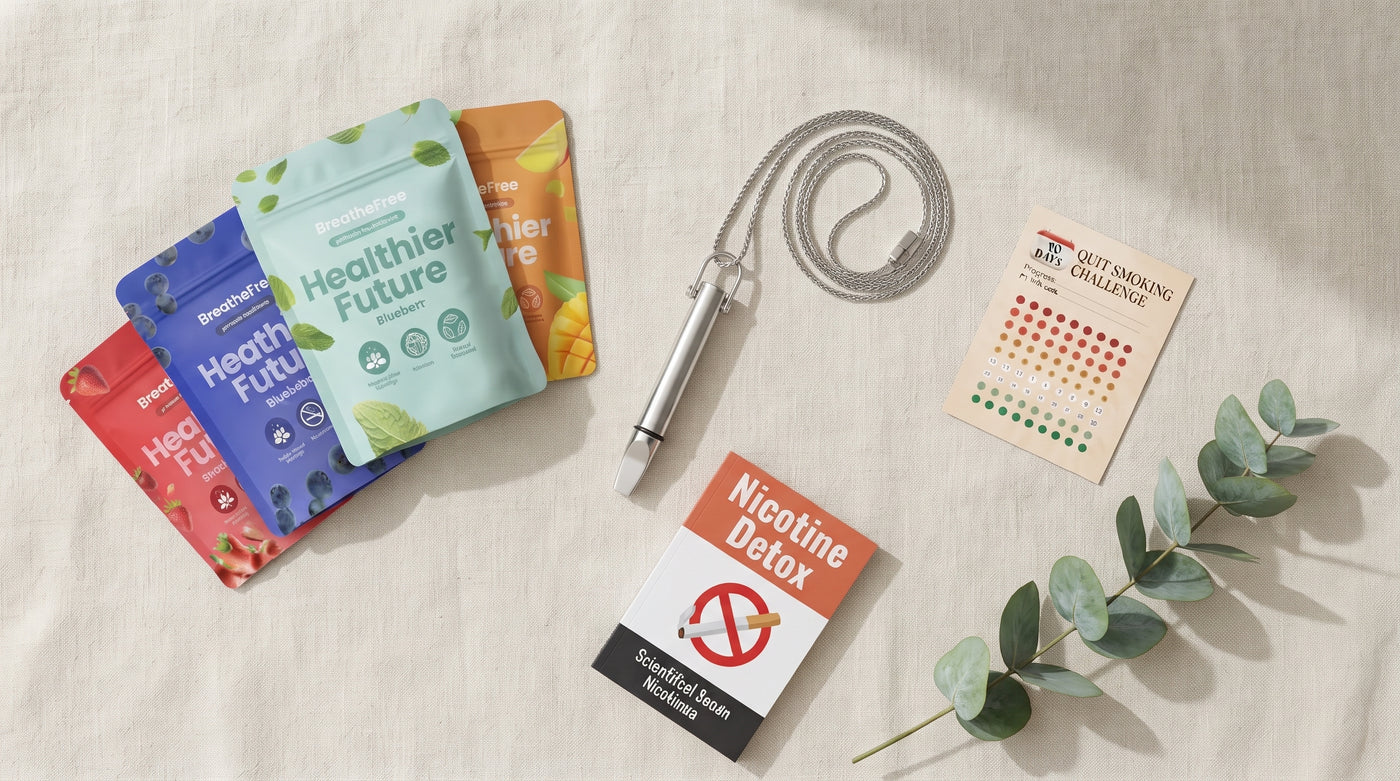 The BreatheFree Resistance Necklace with its flavour refills and the included booklet