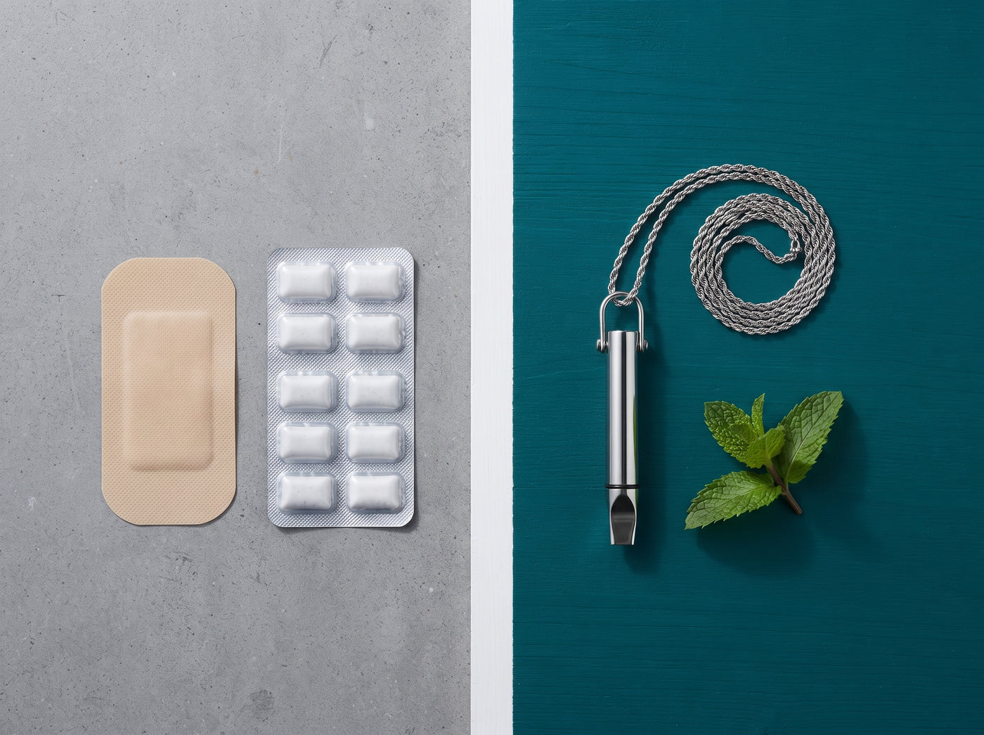 Nicotine patch and gum on one side, the BreatheFree necklace and mint on the other — two different approaches