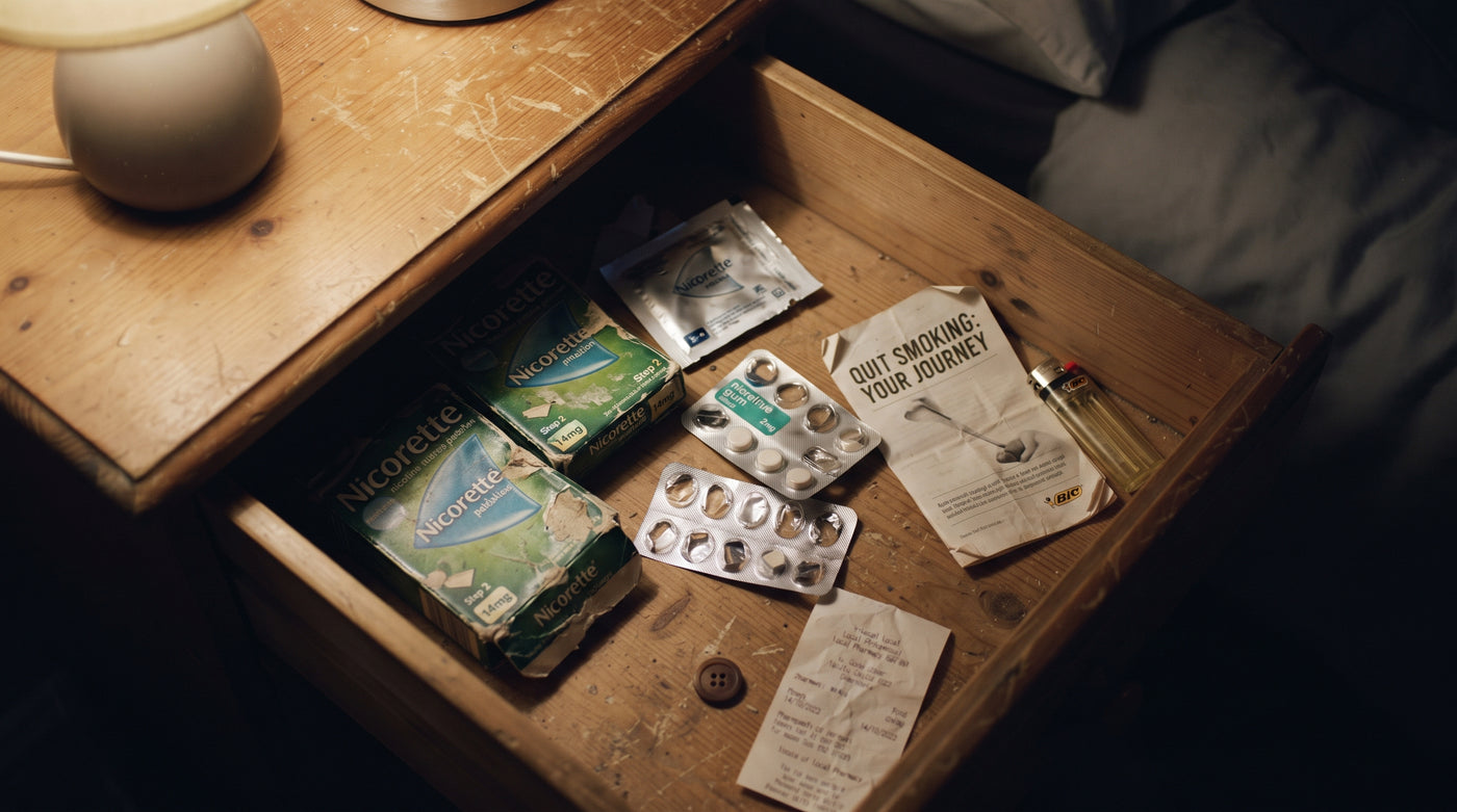 A drawer of half-used nicotine patches, gum and a dead lighter, the evidence of past quit attempts