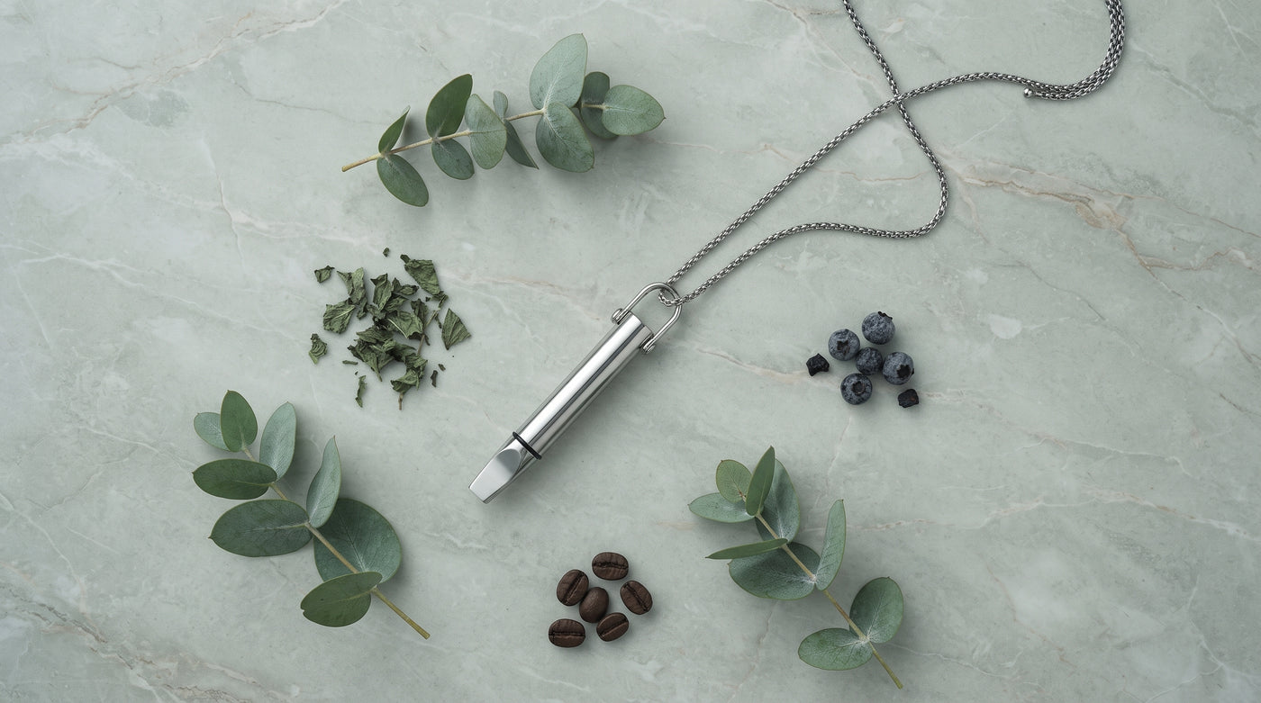 The pendant surrounded by eucalyptus, mint leaves and coffee beans