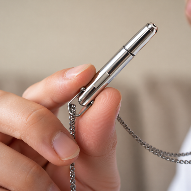 A hand lifting the pendant from the chest