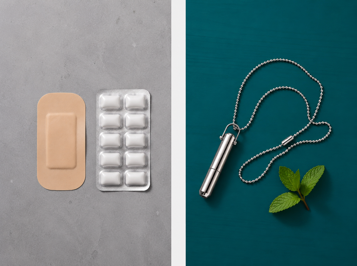 Nicotine patch and gum on one side, the BreatheFree necklace and mint on the other — two different problems