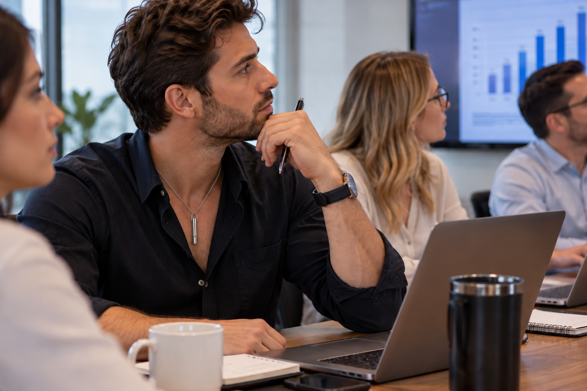 A person discreetly using the silver pendant during a strategy meeting while colleagues focus on the discussion