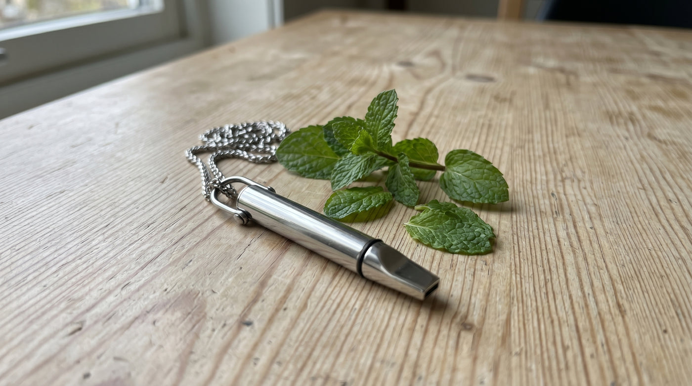 Close-up of the BreatheFree Resistance Necklace pendant on its cord