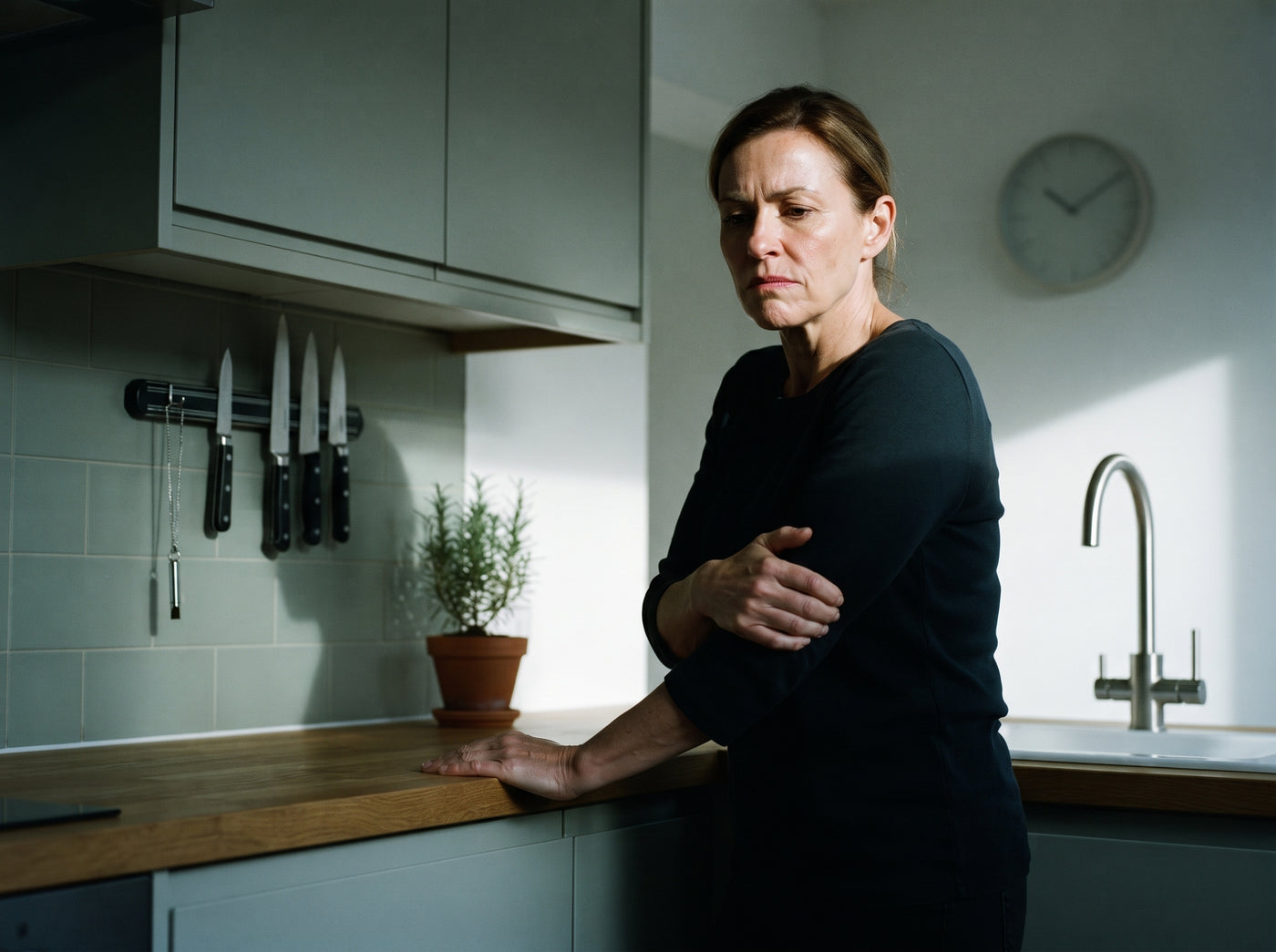 A woman gripping the counter edge, riding out a craving