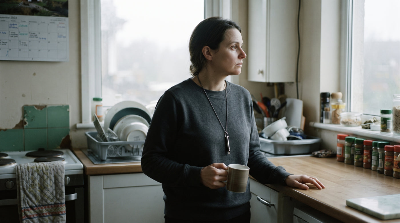 Woman standing at her kitchen worktop on a grey morning, holding a mug, wearing the BreatheFree Resistance Necklace