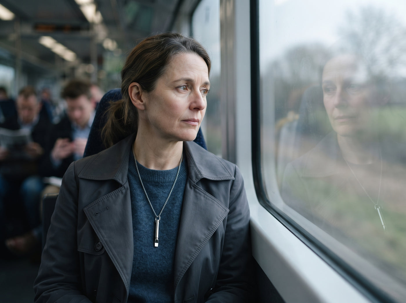 Woman wearing the Resistance Necklace on a train, where smoking and vaping aren't allowed
