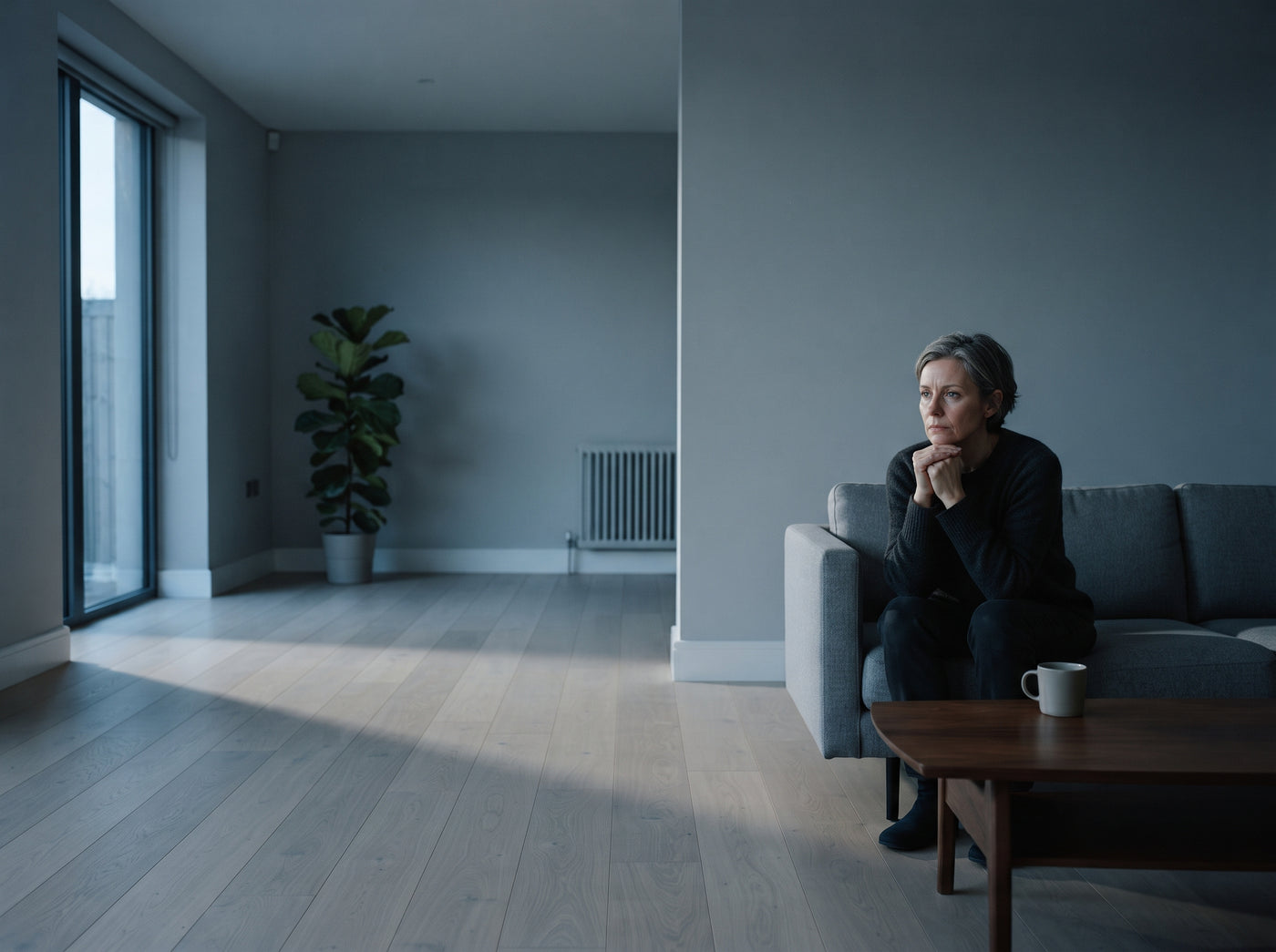 A woman alone in a living room, toughing out a craving on willpower alone